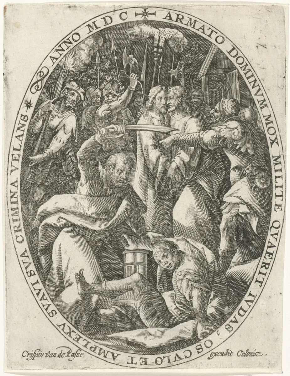 Judaskus en arrestatie van Christus by Crispijn van de Passe, print, 1600