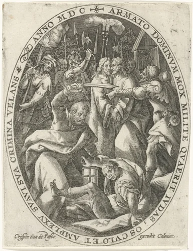 Judaskus en arrestatie van Christus by Crispijn van de Passe, print, 1600
