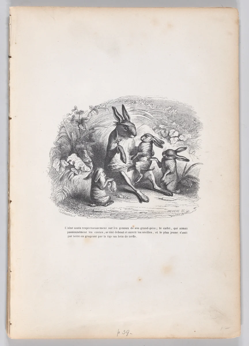 The oldest rabbit jumped respectfully on his grandfather's lap..., from "Scenes from the Private and Public Life of Animals" by J. J. Grandville, print, 1832-1852