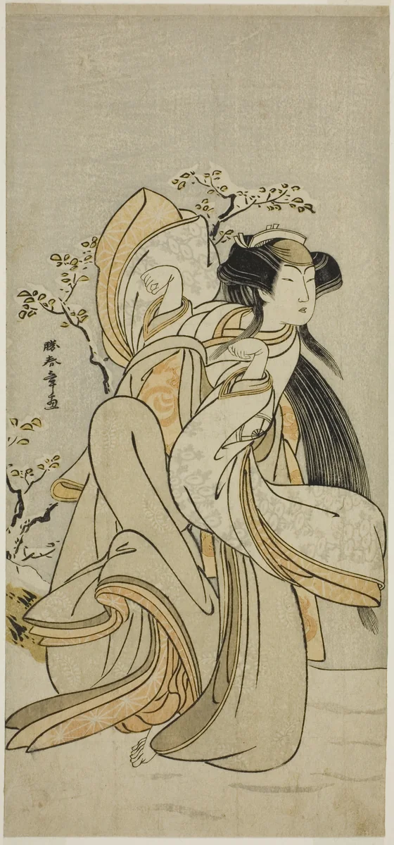 The Actor Iwai Hanshiro IV as Kojoro-gitsune of Hakata in the Play Hikitsurete Yagoe Taiheiki, Performed at the Morita Theater in the Eleventh Month, 1776 by Katsukawa Shunsho (勝川 春章), print, 1771-1781