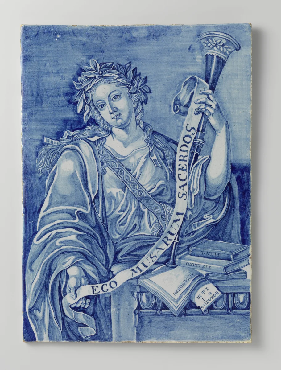 Plaat met Kalliope, de muze van het heldendicht by anonymous, print, 1750-1780