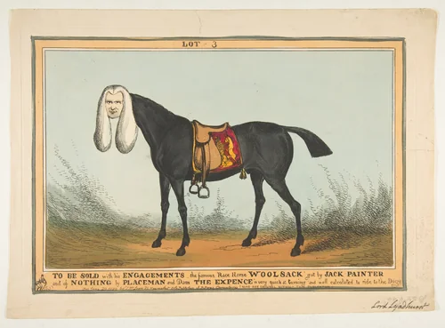 To Be Sold With All His Engagements–The Famous Race Horse Woolsack by William Heath, print, 1829