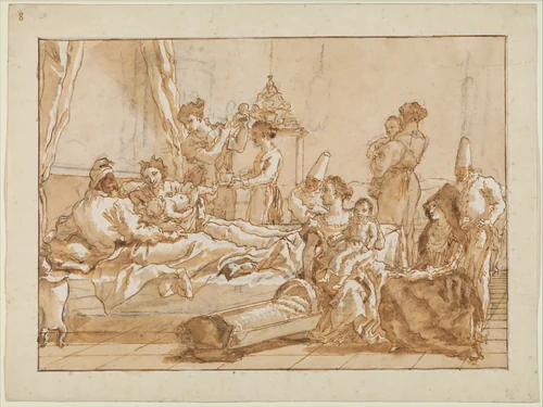 The Infant Punchinello in Bed with His Parents by Giovanni Domenico Tiepolo, drawing, 1771-1804