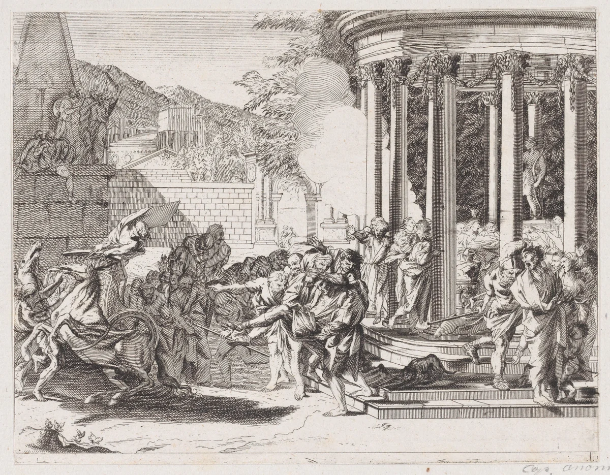 Sinorix being carried from the temple after being poisioned by Arnold van Westerhout, print, 1650-1700
