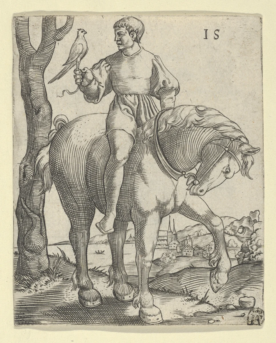 Man on Horseback holding a Falcon by Master IS, print, 1525-1550