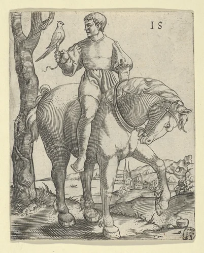 Man on Horseback holding a Falcon by Master IS, print, 1525-1550