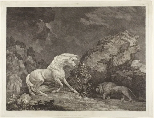 A Horse Frightened by a Lion by George Stubbs, print, 1777