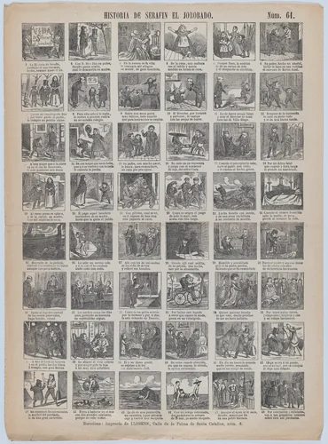 Broadside with 48 scenes relating to the life hunchback by Juan Llorens, print, 1855-1865