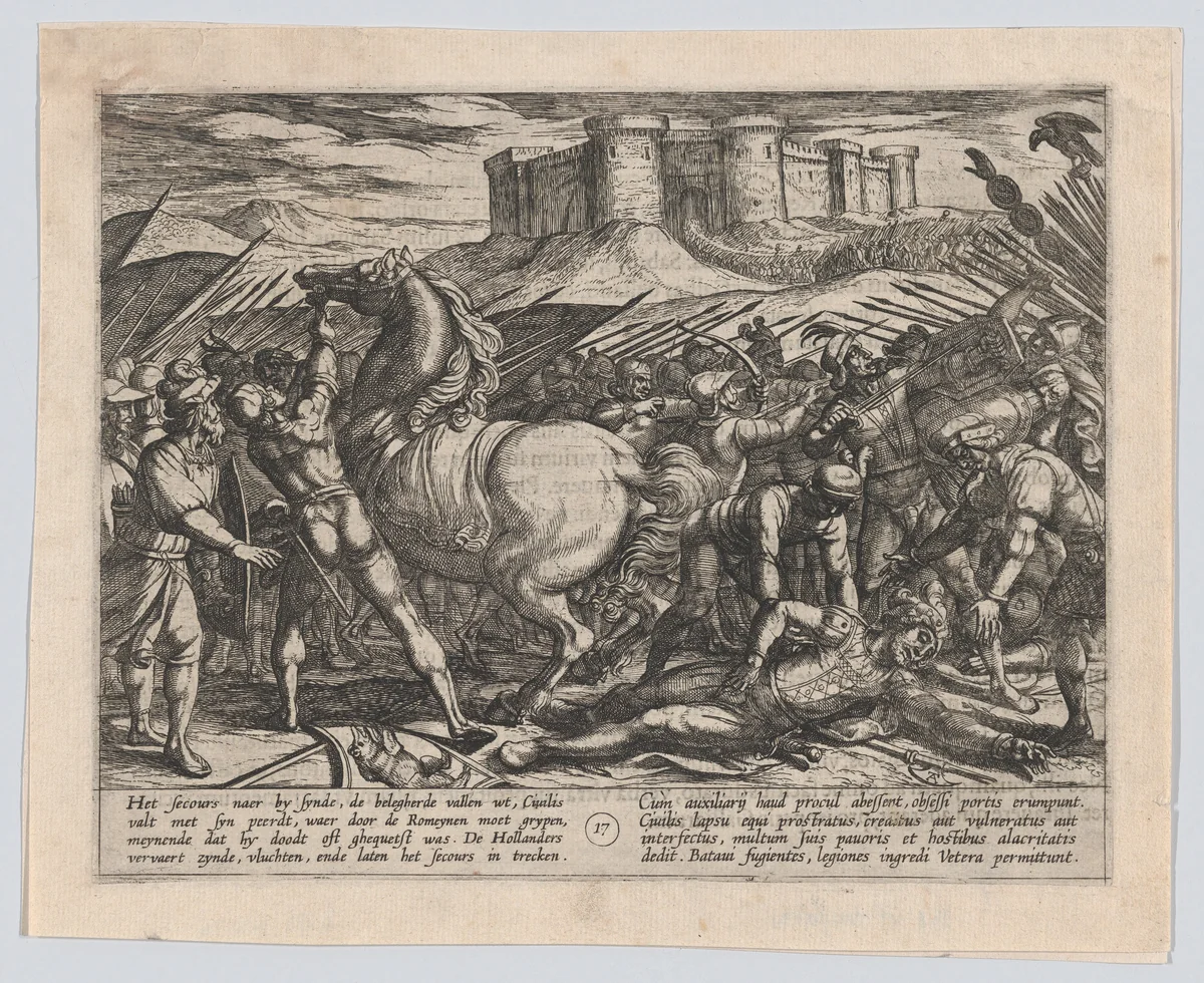 Plate 17: The Romans Misled by Civilis' Horse to Believe that He was Dead or Injured, from The War of the Romans Against the Batavians (Romanorvm et Batavorvm societas) by Antonio Tempesta, print, 1611-1612