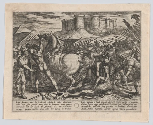Plate 17: The Romans Misled by Civilis' Horse to Believe that He was Dead or Injured, from The War of the Romans Against the Batavians (Romanorvm et Batavorvm societas) by Antonio Tempesta, print, 1611-1612