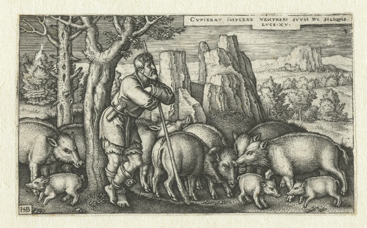 Verloren zoon als varkenshoeder by Unknown, print, 1540