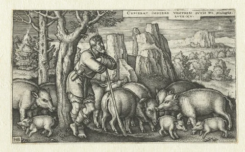 Verloren zoon als varkenshoeder by Unknown, print, 1540