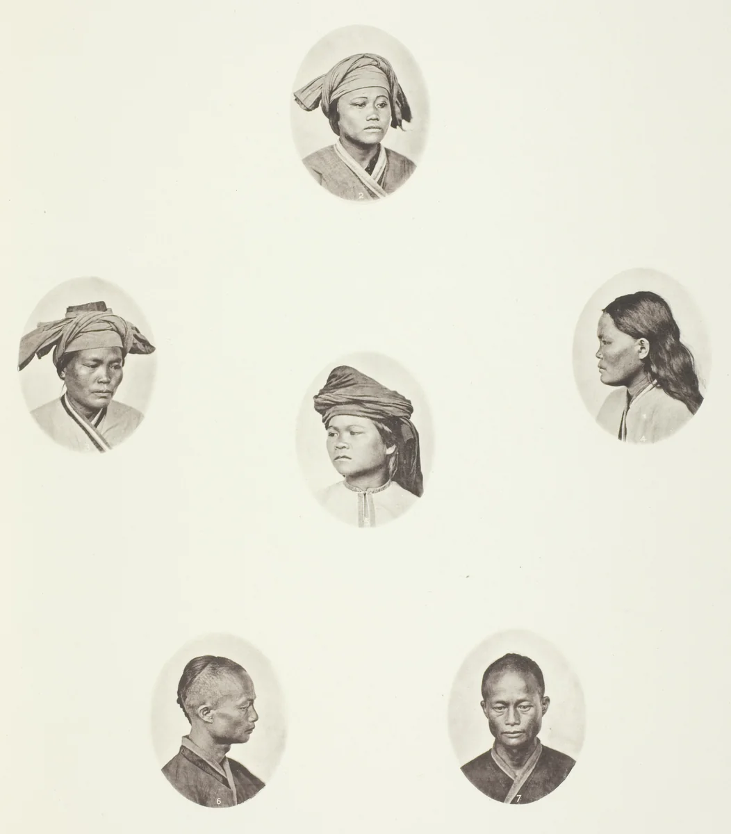 Pepohoan Female Head; Pepohoan Female Head; Pepohoan Female Head; Pepohoan Female Head; Pepohoan Male Head; Pepohoan Male Head by John Thomson, photograph, 1863-1873