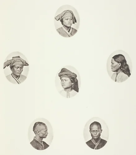 Pepohoan Female Head; Pepohoan Female Head; Pepohoan Female Head; Pepohoan Female Head; Pepohoan Male Head; Pepohoan Male Head by John Thomson, photograph, 1863-1873