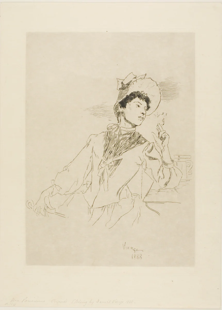 Woman Smoking a Cigarette by Daniel Urrabieta Vierge, print, 1888