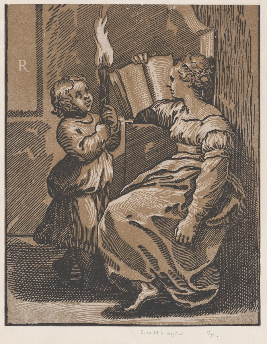 A Sibyl reading a book facing left by Ugo da Carpi, print, 1513-1523