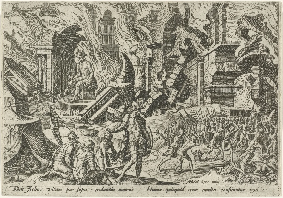De verwoesting van Ai en de steniging van Achan by Philips Galle, print, 1569