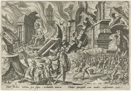De verwoesting van Ai en de steniging van Achan by Philips Galle, print, 1569