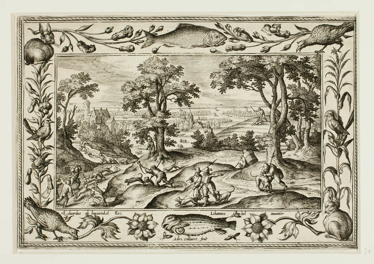 Hare Hunt, from Landscapes with Old and New Testament Scenes and Hunting Scenes by Adriaen Collaert, print, 1584