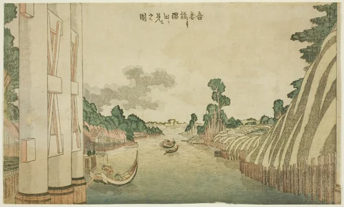 Sumida River seen from Azuma Bridge (Azumabashi yori Sumida wo miru no zu), from a group of Western-style landscapes by Katsushika Hokusai (葛飾 北斎), print, 1800-1810
