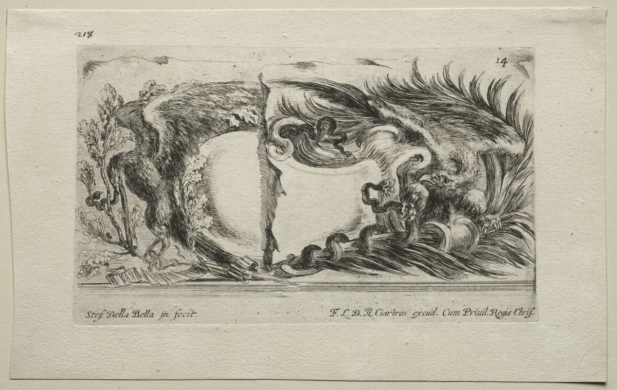 Collection of Various Caprices and New Designs of Cartouches and Ornaments: No 14 by Stefano della Bella, print, 1646