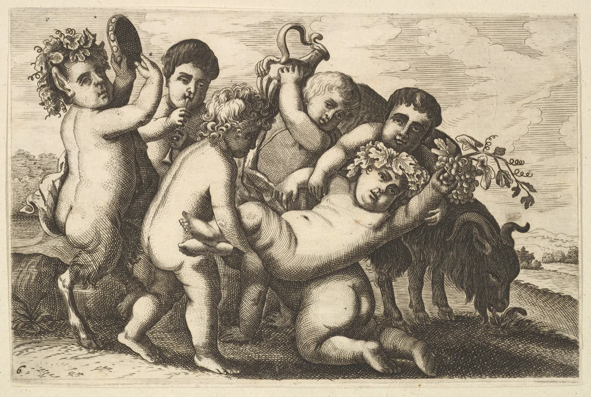 Five boys, two satyrs, and a goat (copy in reverse) by Wenceslaus Hollar, print, 1650-1700