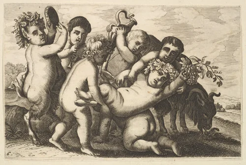 Five boys, two satyrs, and a goat (copy in reverse) by Wenceslaus Hollar, print, 1650-1700