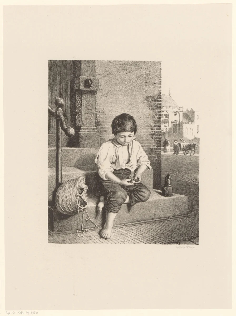 Jongen zittend op trap voor een deur by Frederik Hendrik Weissenbruch, print, 1847-1865