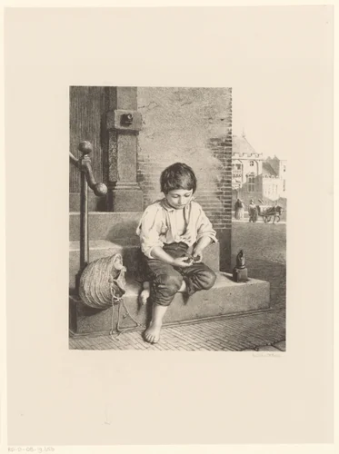Jongen zittend op trap voor een deur by Frederik Hendrik Weissenbruch, print, 1847-1865
