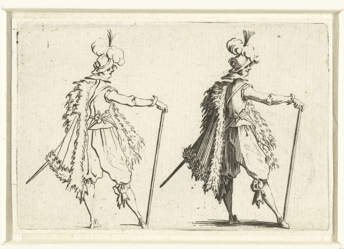 Tweemaal dezelfde man met bontmantel, wandelstok en zwaard, op de rechterzijde gezien by Jacques Callot, print, 1621