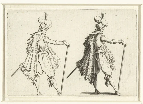Tweemaal dezelfde man met bontmantel, wandelstok en zwaard, op de rechterzijde gezien by Jacques Callot, print, 1621