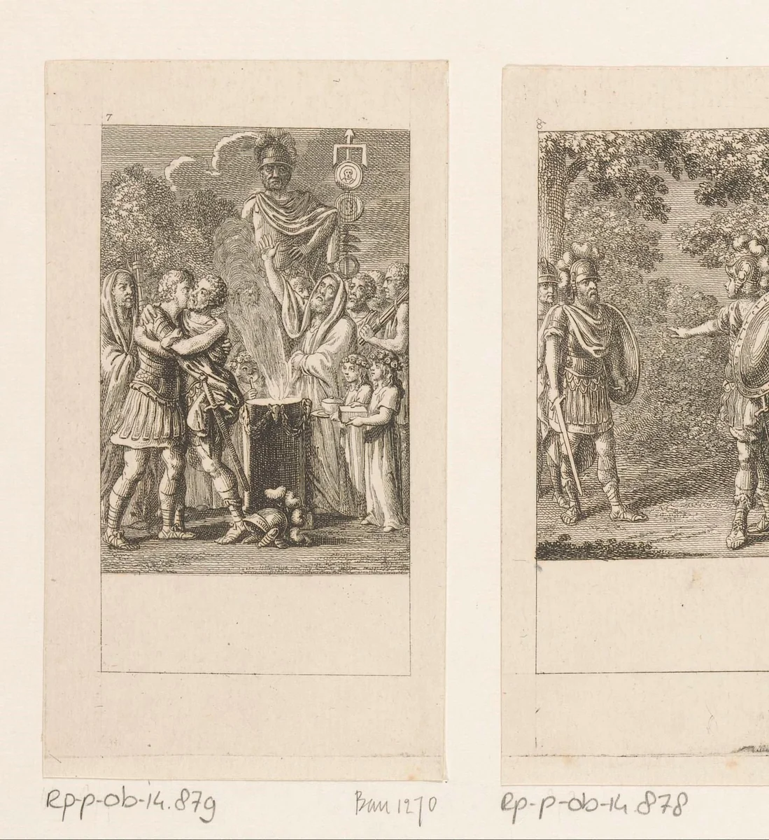 Aufidias omarmt Coriolan bij het offer aan de goden by Daniel Nikolaus Chodowiecki, print, 1786