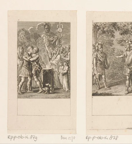 Aufidias omarmt Coriolan bij het offer aan de goden by Daniel Nikolaus Chodowiecki, print, 1786