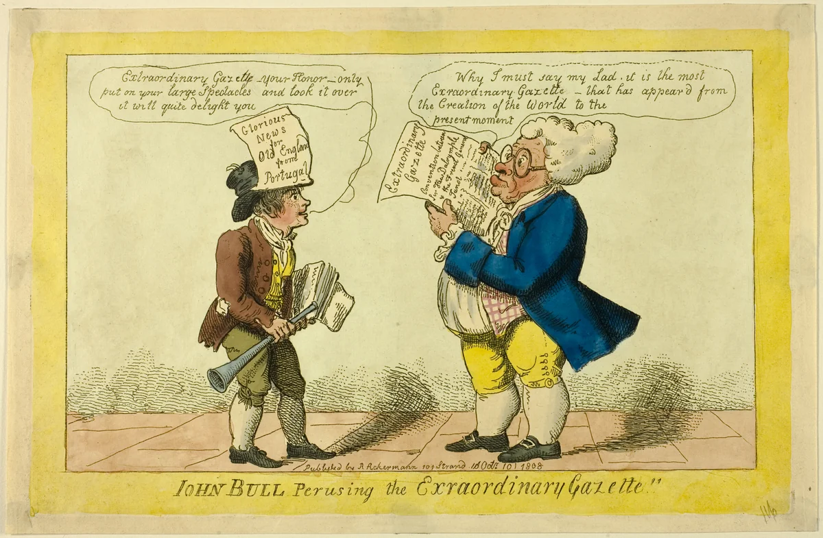 John Bull Perusing the Extraordinary Gazette by Isaac Cruikshank, print, 1808