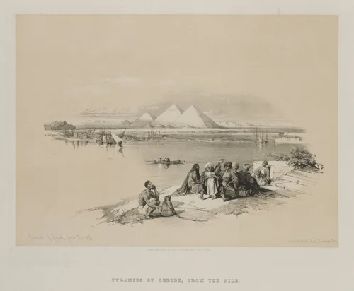 Egypt and Nubia, Volume I: Pyramids of Geezeh, from the Nile by Louis Haghe, print, 1846