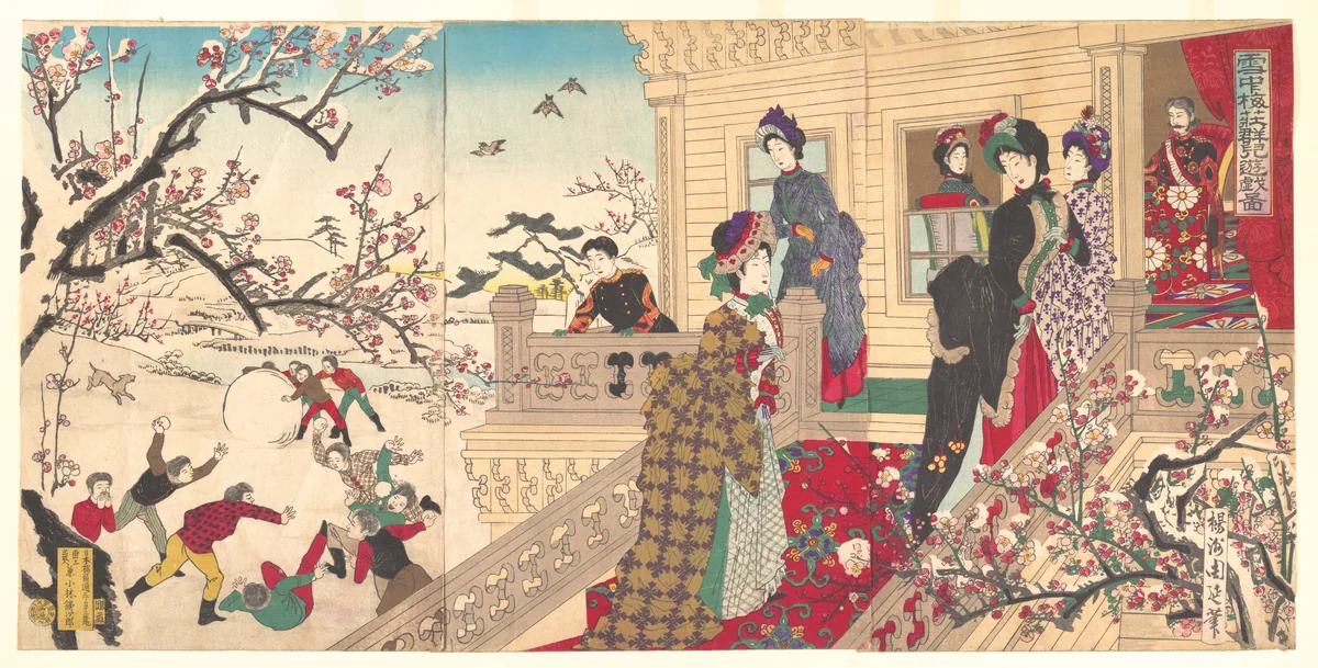 Children Playing in the Snow under Plum Trees in Bloom (Secchū baisō gunji yūgi zu) by Yōshū Chikanobu (楊洲周延), print, 1887