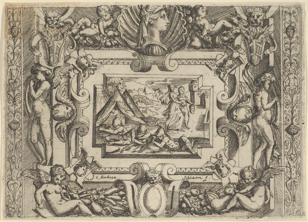 Judith and maidservant with the head of Holofernes, set within an elaborate frame by Battista Angolo del Moro, print, 1535-1585