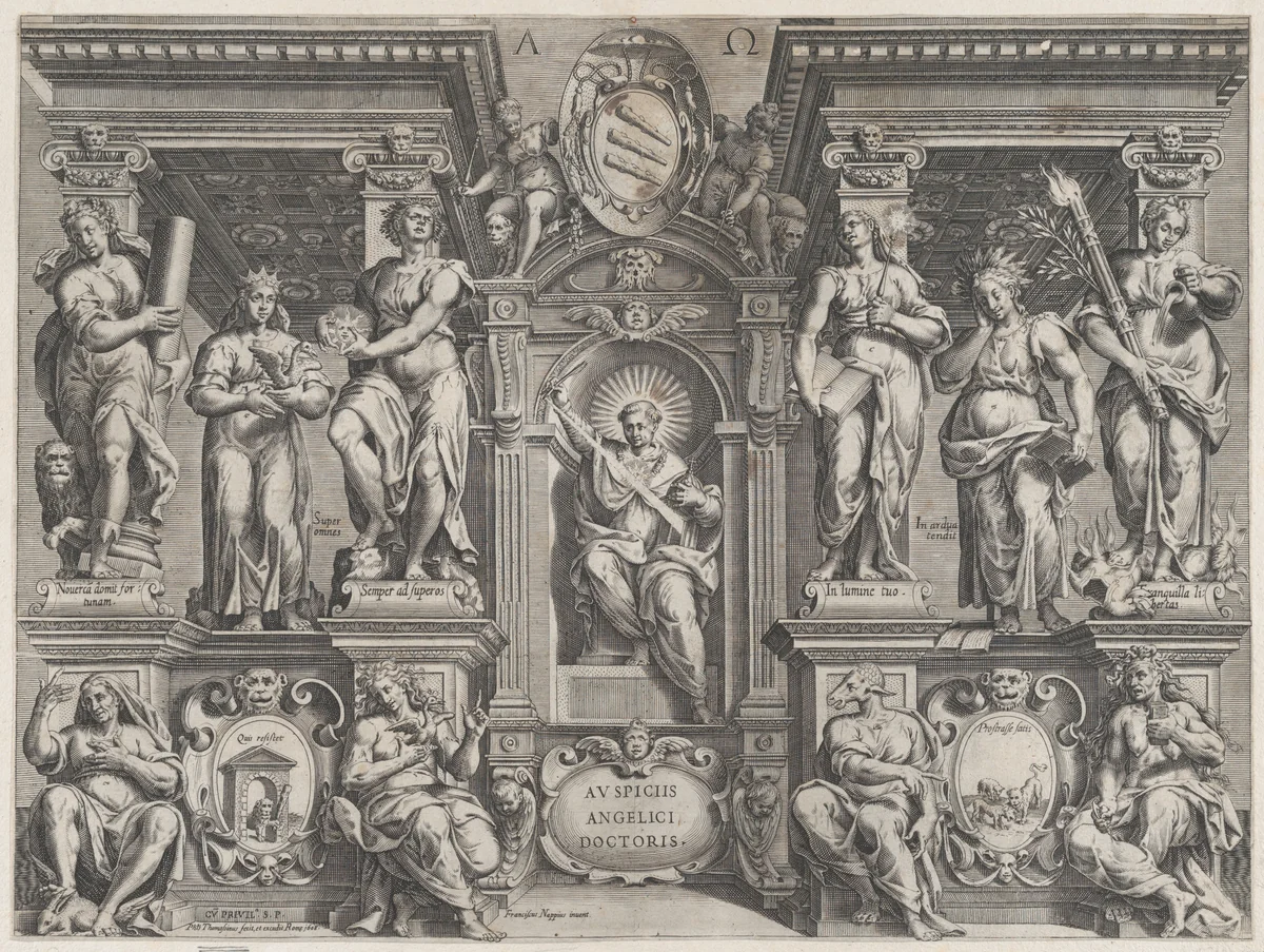 Allegorical thesis print with various figures, set in an architectural structure by Philippe Thomassin, print, 1608