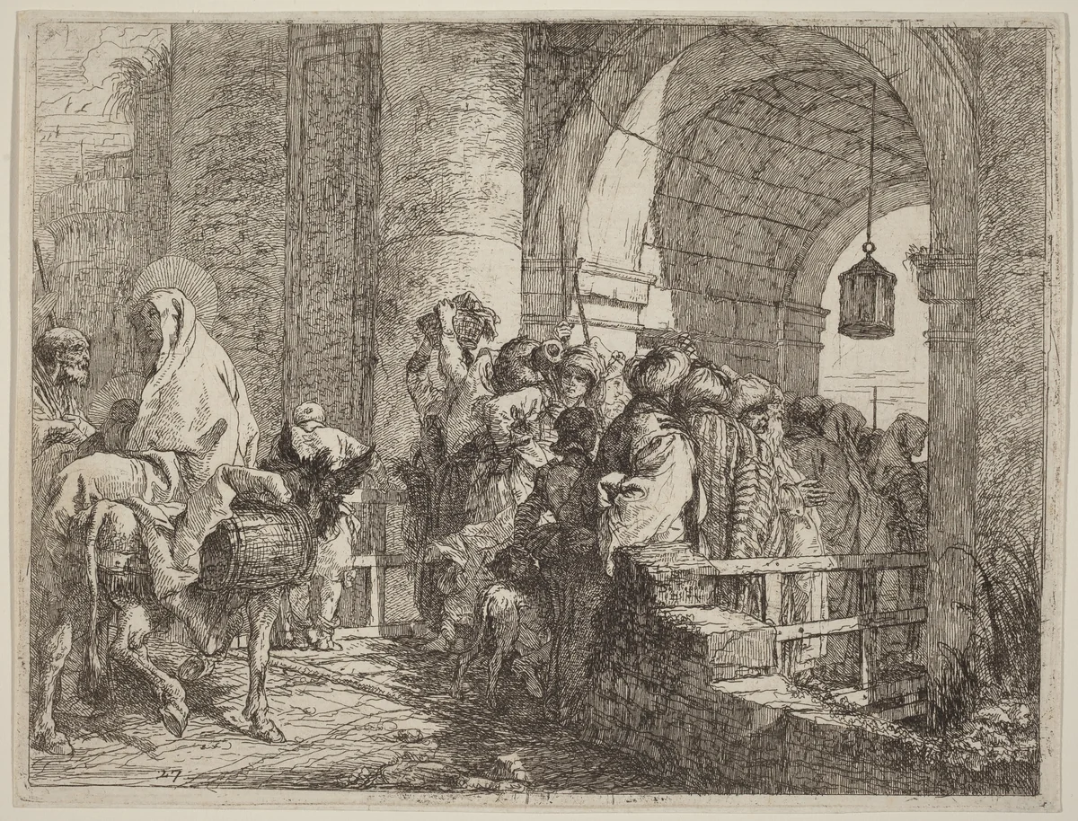 The Holy Family Arriving at a City Gate by Giovanni Domenico Tiepolo, print, 1753