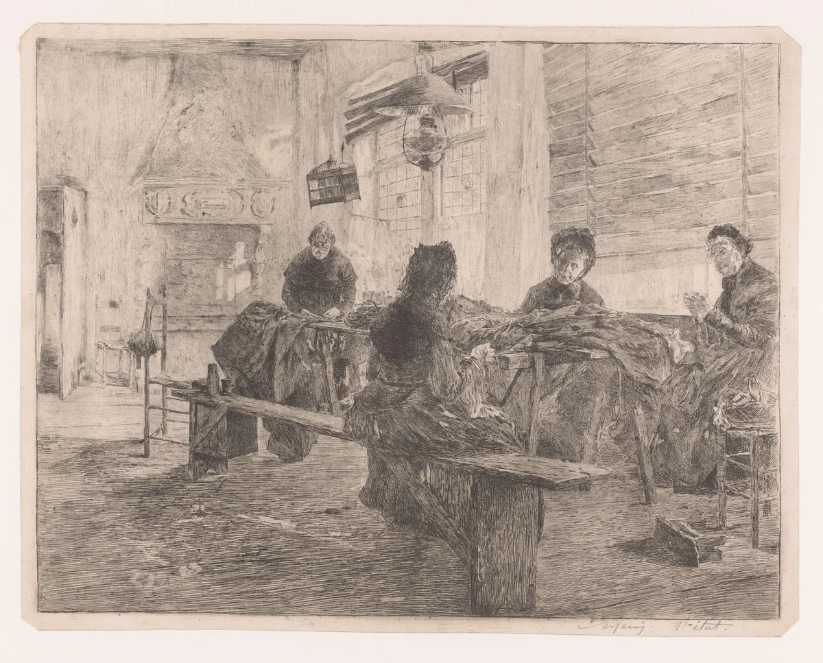 Vier vrouwen in een naaiatelier aan het werk by Armand Heins, print, 1866-1910