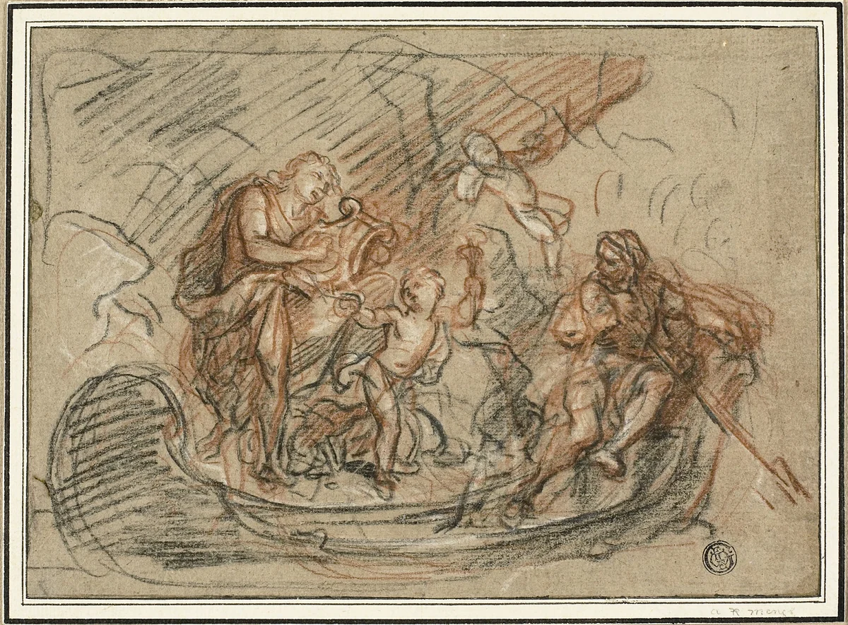Orpheus on the River Styx by Antoine Coypel, drawing, 1680-1700