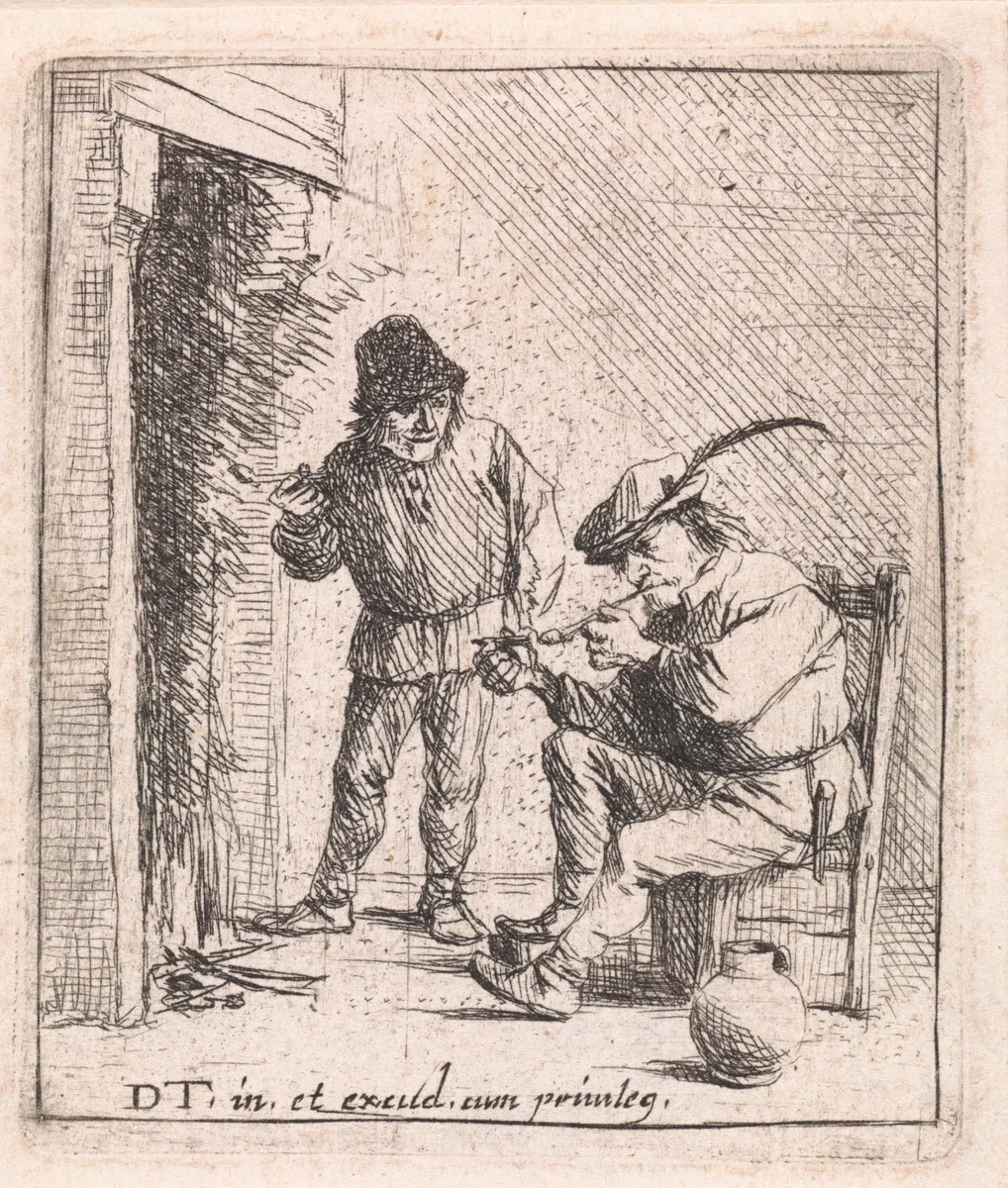 Twee boeren bij de haard by anonymous, print, 1626-1690