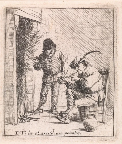 Twee boeren bij de haard by anonymous, print, 1626-1690