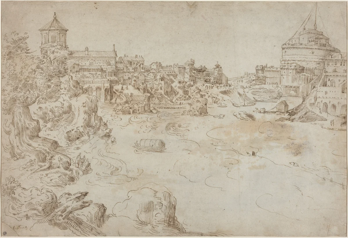 View of the Castle Sant'Angelo and the Ospedale di Santo Spirito [recto] by Étienne Dupérac, drawing, 1552-1566