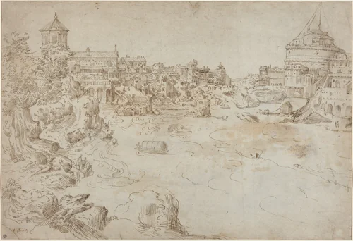 View of the Castle Sant'Angelo and the Ospedale di Santo Spirito [recto] by Étienne Dupérac, drawing, 1552-1566