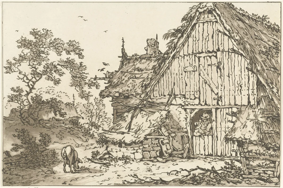 Boerderij met twee mensen in de deuropening by Hendrik Meijer, print, 1789-1793