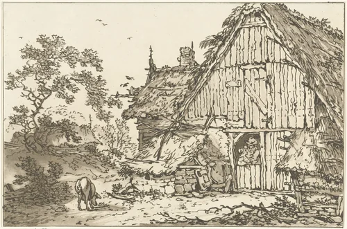 Boerderij met twee mensen in de deuropening by Hendrik Meijer, print, 1789-1793