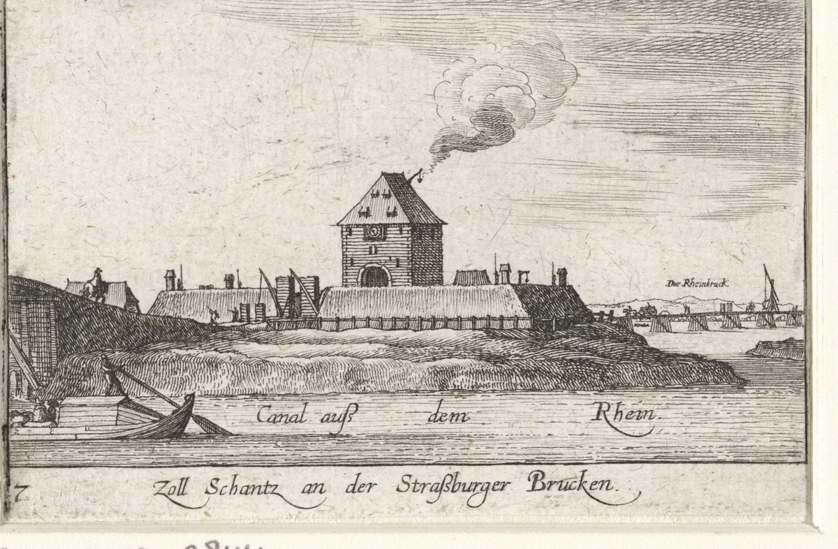 Gezicht op het tolhuis aan de Rijn in Straatsburg by Wenceslaus Hollar, print, 1635