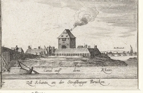 Gezicht op het tolhuis aan de Rijn in Straatsburg by Wenceslaus Hollar, print, 1635