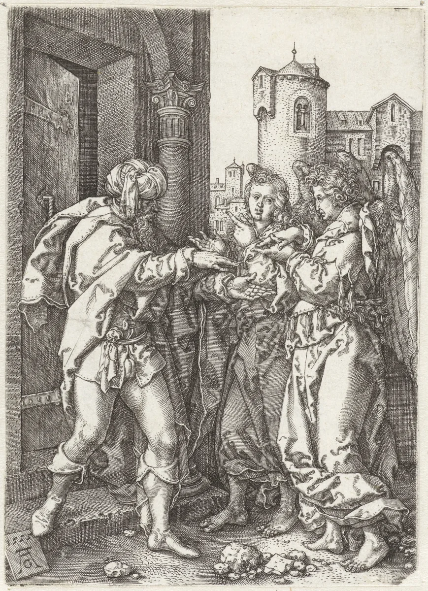 Lot verwelkomt de engelen by Unknown, print, 1555